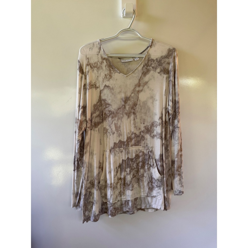 Susan Graver Marble Tie Dye‎ V-Neck Tunic Top Long Sleeve Kangaroo Pocket Gray M